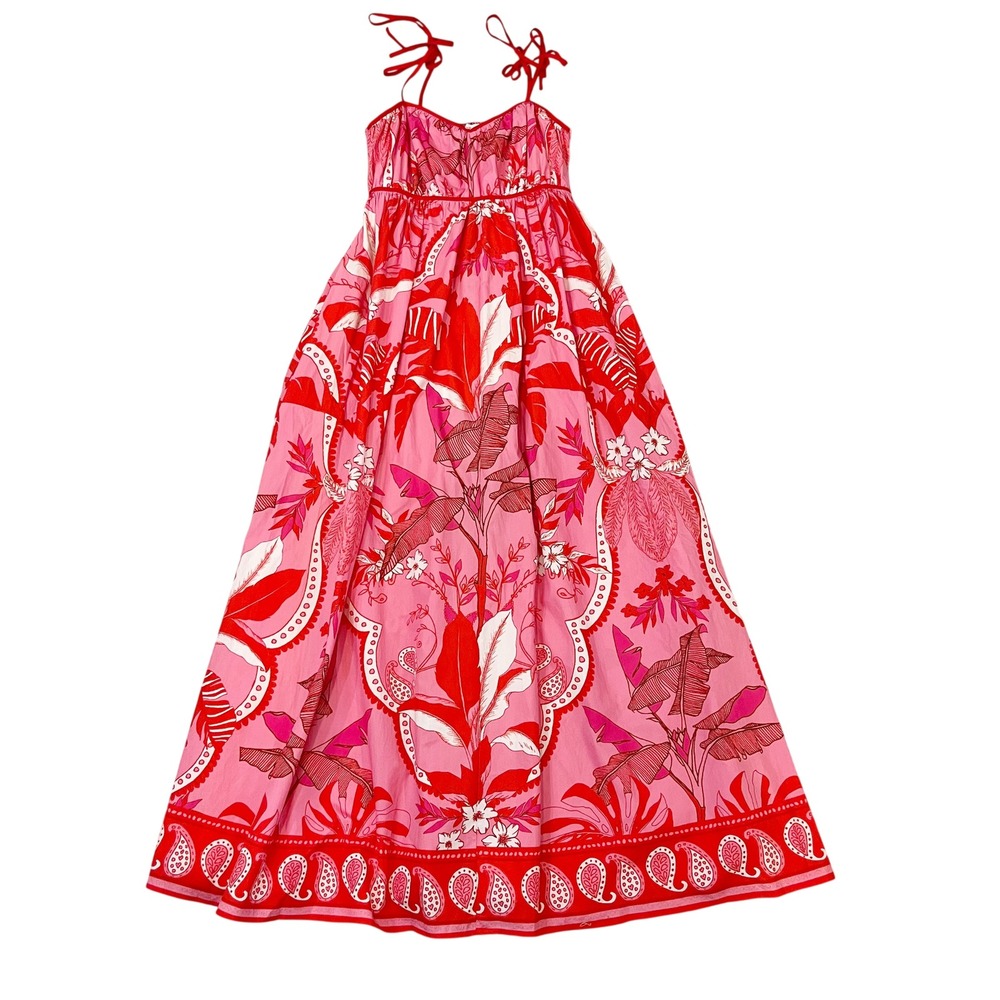 Love Wednesday Pink Red Tropical Floral Cotton Maxi Dress Large Tie Strap LARGE